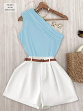 Green Off-Shoulder Tank Top and Loose Wide-Leg Shorts Set for Women, Belt Not Included