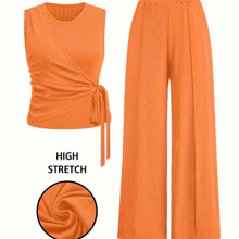 [Spring Perfect Sleeveless Ribbed Top] Elegant Women's Sleeveless Ribbed Top with Bow Tie & Wide-Leg Pants Set - Stretchy Polyester Blend, Machine Washable - Perfect for Spring/Summer