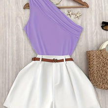 Green Off-Shoulder Tank Top and Loose Wide-Leg Shorts Set for Women, Belt Not Included