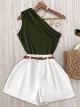 Green Off-Shoulder Tank Top and Loose Wide-Leg Shorts Set for Women, Belt Not Included