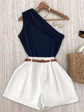 Green Off-Shoulder Tank Top and Loose Wide-Leg Shorts Set for Women, Belt Not Included