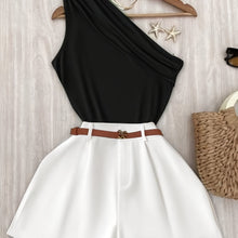 Green Off-Shoulder Tank Top and Loose Wide-Leg Shorts Set for Women, Belt Not Included