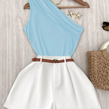 Green Off-Shoulder Tank Top and Loose Wide-Leg Shorts Set for Women, Belt Not Included