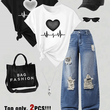 Women's 2pcs Set - Heart Print T-Shirt, Casual Round Neck Short Sleeve, Machine Washable Polyester - Perfect Spring/Summer Fashion Choice