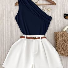 Green Off-Shoulder Tank Top and Loose Wide-Leg Shorts Set for Women, Belt Not Included