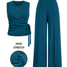 [Spring Perfect Sleeveless Ribbed Top] Elegant Women's Sleeveless Ribbed Top with Bow Tie & Wide-Leg Pants Set - Stretchy Polyester Blend, Machine Washable - Perfect for Spring/Summer
