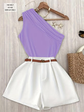 Green Off-Shoulder Tank Top and Loose Wide-Leg Shorts Set for Women, Belt Not Included