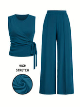 [Spring Perfect Sleeveless Ribbed Top] Elegant Women's Sleeveless Ribbed Top with Bow Tie & Wide-Leg Pants Set - Stretchy Polyester Blend, Machine Washable - Perfect for Spring/Summer