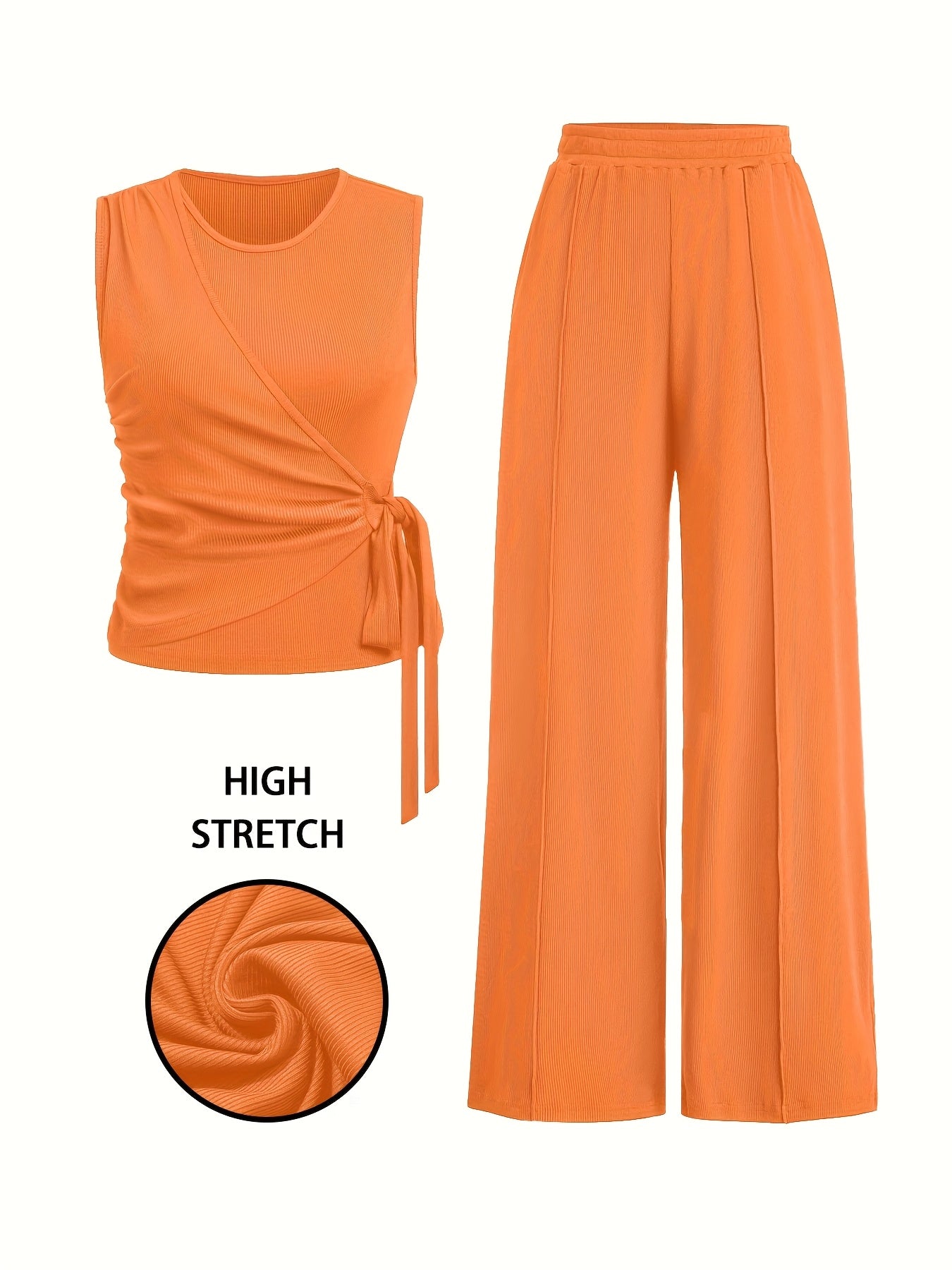 [Spring Perfect Sleeveless Ribbed Top] Elegant Women's Sleeveless Ribbed Top with Bow Tie & Wide-Leg Pants Set - Stretchy Polyester Blend, Machine Washable - Perfect for Spring/Summer