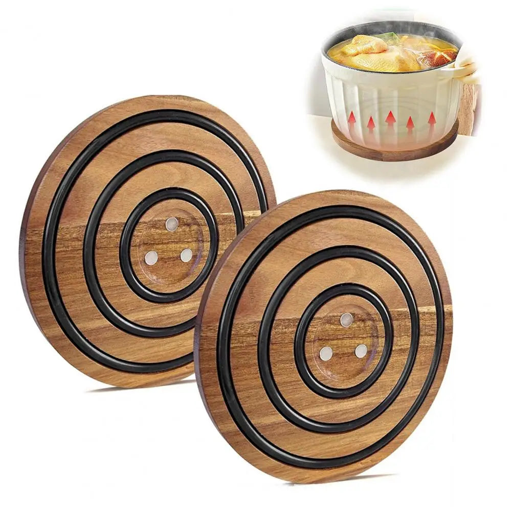 Table Mat Wooden Magnetic Pot Coaster Trivet Set with Anti-slip Silicone Rings Heat-resistant for Pots for Hot