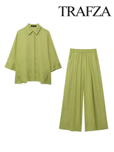 TRAFZA 2024 Women 2 Piece Set Elastic Waist Pocket Folds Decorate Wide Leg Pants+Solid Single-Breasted Slit Hem Blouse Top