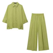 TRAFZA 2024 Women 2 Piece Set Elastic Waist Pocket Folds Decorate Wide Leg Pants+Solid Single-Breasted Slit Hem Blouse Top