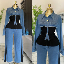 Two Piece Sets Women Pant Set Denim Splice Matching Sets Spring Top Wide Leg Long Pants Casual Loose Lace Up High Waist Jogger