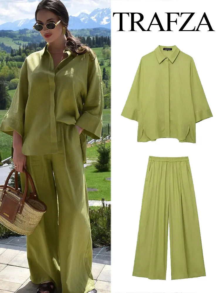 TRAFZA 2024 Women 2 Piece Set Elastic Waist Pocket Folds Decorate Wide Leg Pants+Solid Single-Breasted Slit Hem Blouse Top