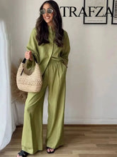 TRAFZA 2024 Women 2 Piece Set Elastic Waist Pocket Folds Decorate Wide Leg Pants+Solid Single-Breasted Slit Hem Blouse Top