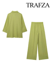 TRAFZA 2024 Women 2 Piece Set Elastic Waist Pocket Folds Decorate Wide Leg Pants+Solid Single-Breasted Slit Hem Blouse Top