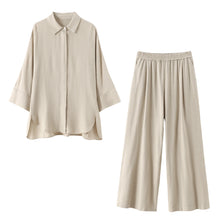 TRAFZA 2024 Women 2 Piece Set Elastic Waist Pocket Folds Decorate Wide Leg Pants+Solid Single-Breasted Slit Hem Blouse Top