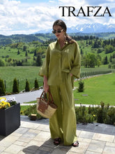 TRAFZA 2024 Women 2 Piece Set Elastic Waist Pocket Folds Decorate Wide Leg Pants+Solid Single-Breasted Slit Hem Blouse Top
