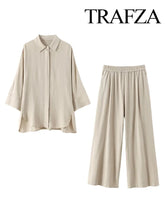 TRAFZA 2024 Women 2 Piece Set Elastic Waist Pocket Folds Decorate Wide Leg Pants+Solid Single-Breasted Slit Hem Blouse Top