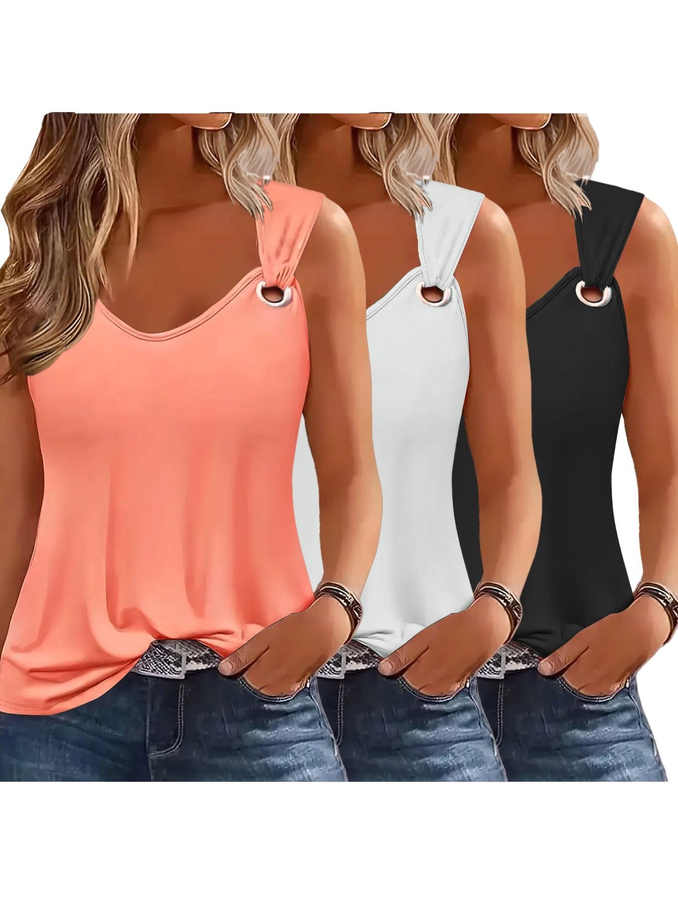 Three-Pack Women's Tank Tops Summer Halter Neck Loose Fit Eyelet Sleeveless Shirt Solid Color Basic Shirts