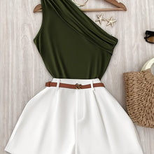 Green Off-Shoulder Tank Top and Loose Wide-Leg Shorts Set for Women, Belt Not Included