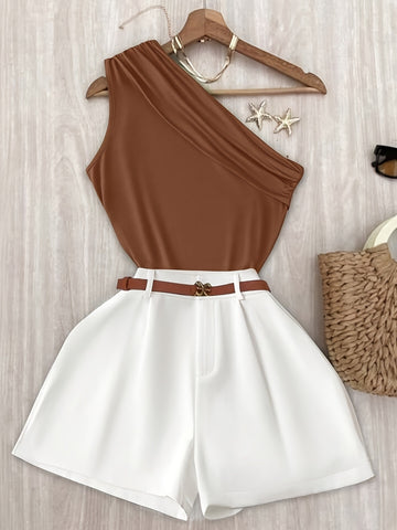Green Off-Shoulder Tank Top and Loose Wide-Leg Shorts Set for Women, Belt Not Included