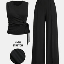 [Spring Perfect Sleeveless Ribbed Top] Elegant Women's Sleeveless Ribbed Top with Bow Tie & Wide-Leg Pants Set - Stretchy Polyester Blend, Machine Washable - Perfect for Spring/Summer