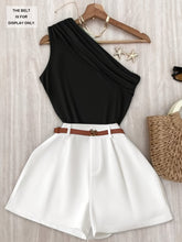 Green Off-Shoulder Tank Top and Loose Wide-Leg Shorts Set for Women, Belt Not Included