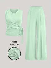 [Spring Perfect Sleeveless Ribbed Top] Elegant Women's Sleeveless Ribbed Top with Bow Tie & Wide-Leg Pants Set - Stretchy Polyester Blend, Machine Washable - Perfect for Spring/Summer
