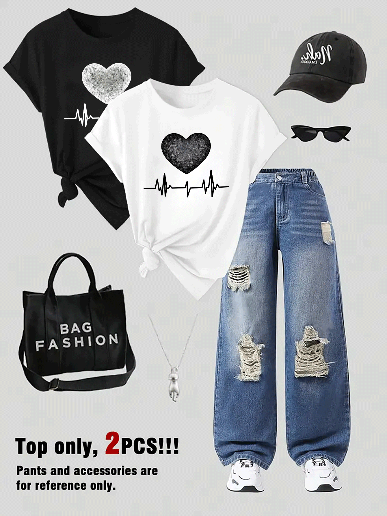 Women's 2pcs Set - Heart Print T-Shirt, Casual Round Neck Short Sleeve, Machine Washable Polyester - Perfect Spring/Summer Fashion Choice