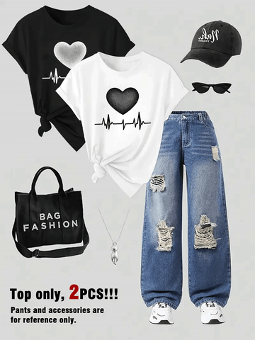 Women's 2pcs Set - Heart Print T-Shirt, Casual Round Neck Short Sleeve, Machine Washable Polyester - Perfect Spring/Summer Fashion Choice