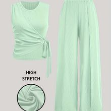 [Spring Perfect Sleeveless Ribbed Top] Elegant Women's Sleeveless Ribbed Top with Bow Tie & Wide-Leg Pants Set - Stretchy Polyester Blend, Machine Washable - Perfect for Spring/Summer