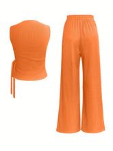 [Spring Perfect Sleeveless Ribbed Top] Elegant Women's Sleeveless Ribbed Top with Bow Tie & Wide-Leg Pants Set - Stretchy Polyester Blend, Machine Washable - Perfect for Spring/Summer